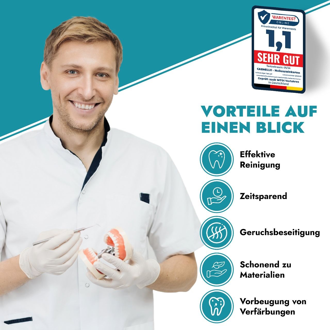 Arzt mit Zahnspange und Reinigungstabletten. Vorteile: Effektive Reinigung, zeitsparend, geruchsbes., schonend, Vorbeugung.