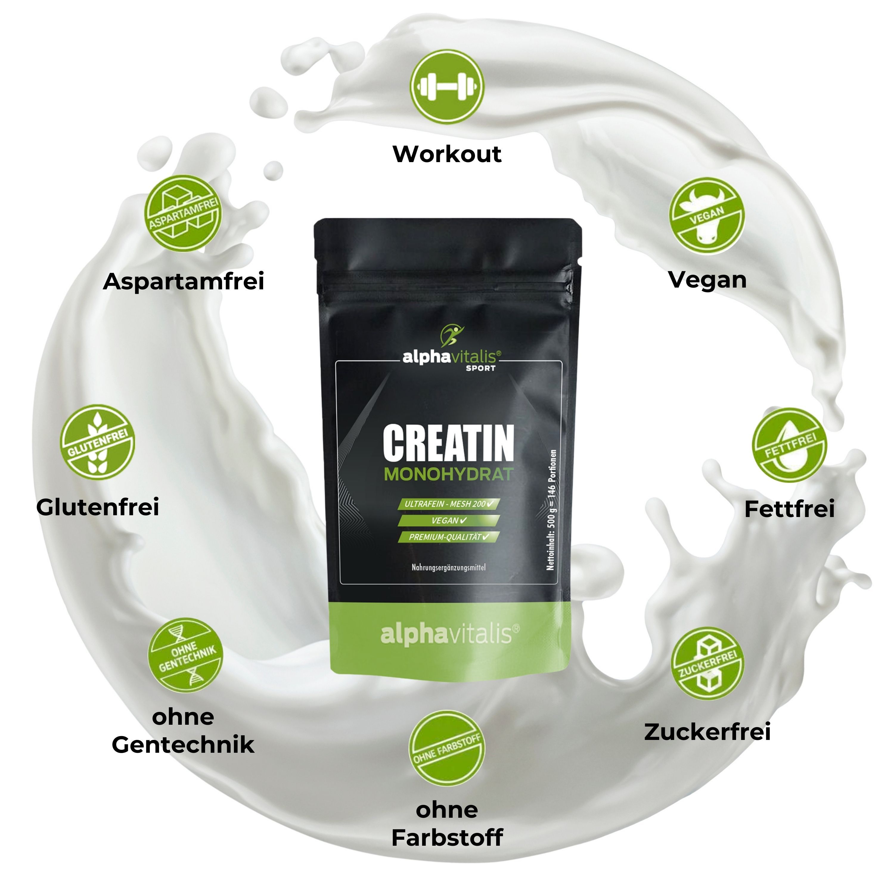 Schwarze Verpackung mit "Creatin Monohydrat" und Logos. Logos: Workout, Vegan, Fettfrei, Zuckerfrei, Ohne Farbstoff, Ohne Gentechnik, Glutenfrei, Aspartamfrei.