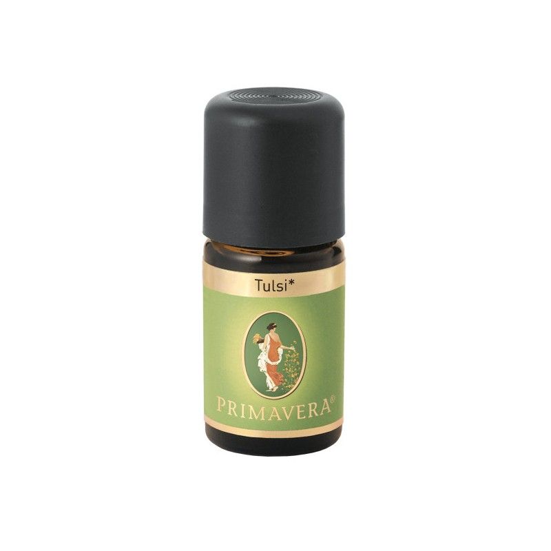Kleine Glasflasche mit schwarzem Deckel. Auf dem grünen Etikett steht "Tulsi" und "Primavera". Abbildung einer Frau.