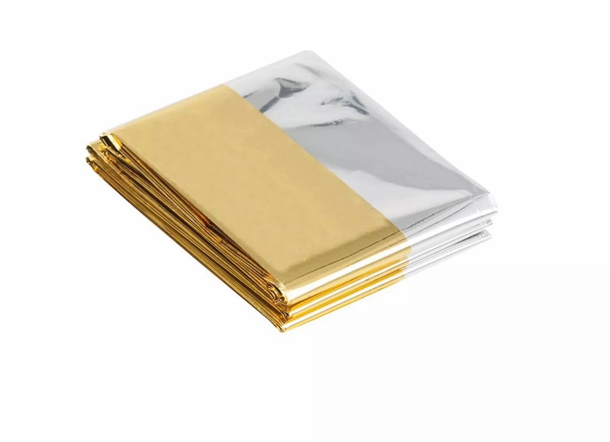 Gefaltete Rettungsdecke, gold- und silberfarben. Zeigt die goldene und silberne Seite. Material: Folie.