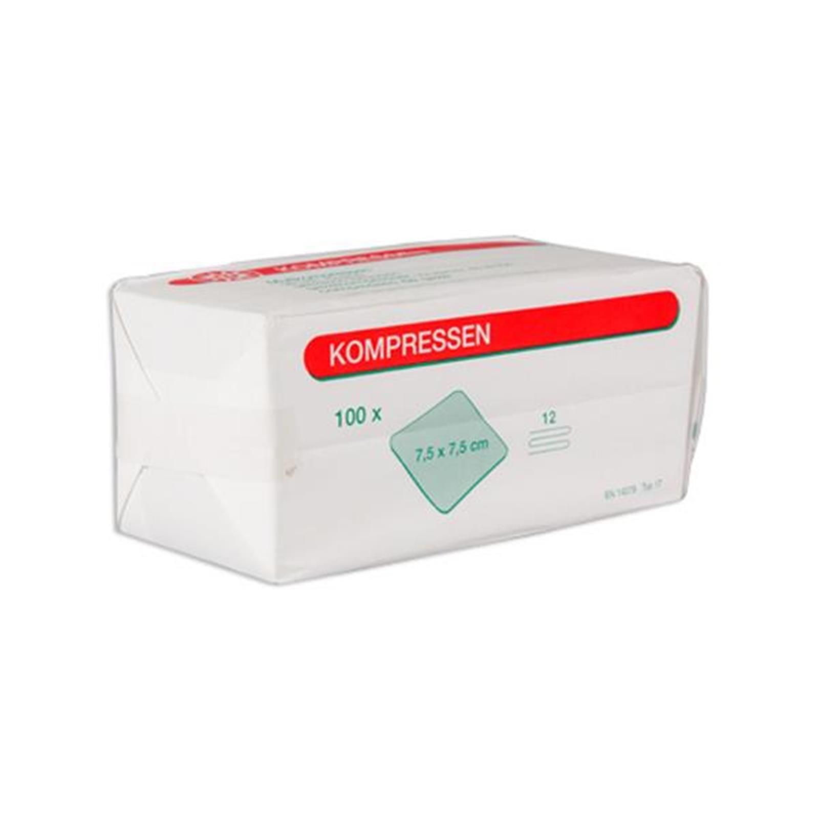 Verpackung mit Kompressen. Aufschrift "KOMPRESSEN", "100 x" und "7,5 x 7,5 cm". Weiße Verpackung mit roter und grüner Schrift.