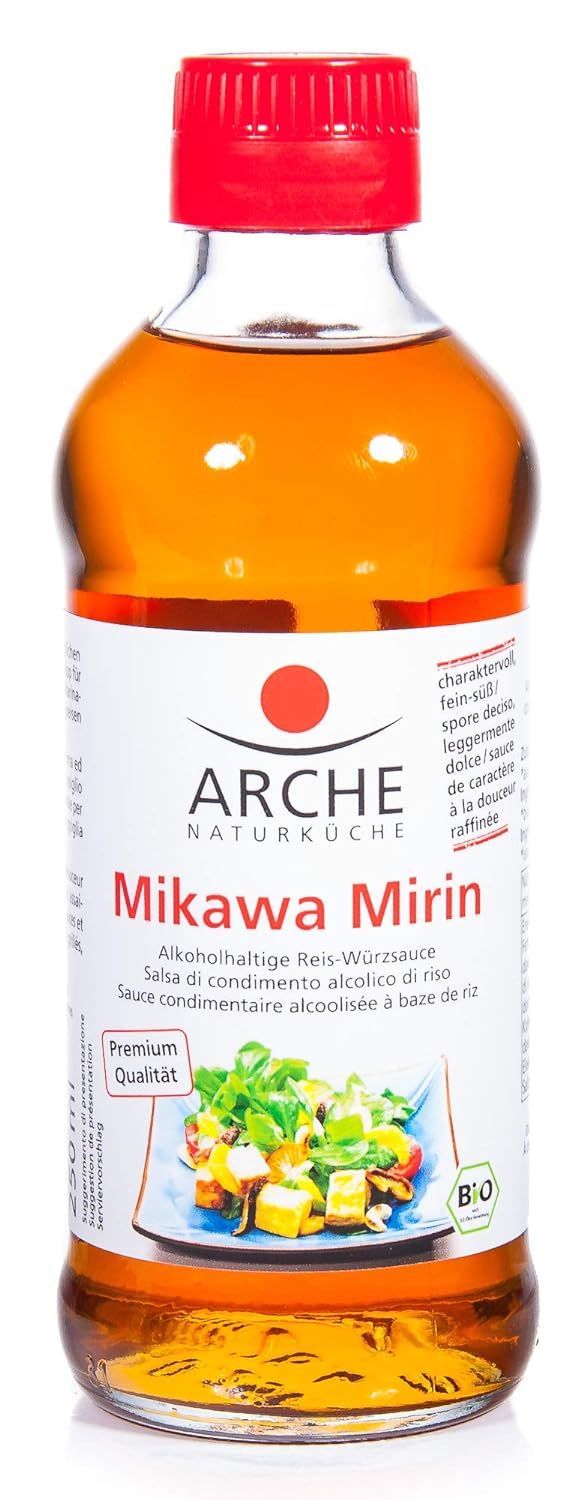 Arche Mikawa Mirin Reis-Würzsauce in Glasflasche mit rotem Deckel, Etikett mit Bild von Speise und Bio-Siegel.