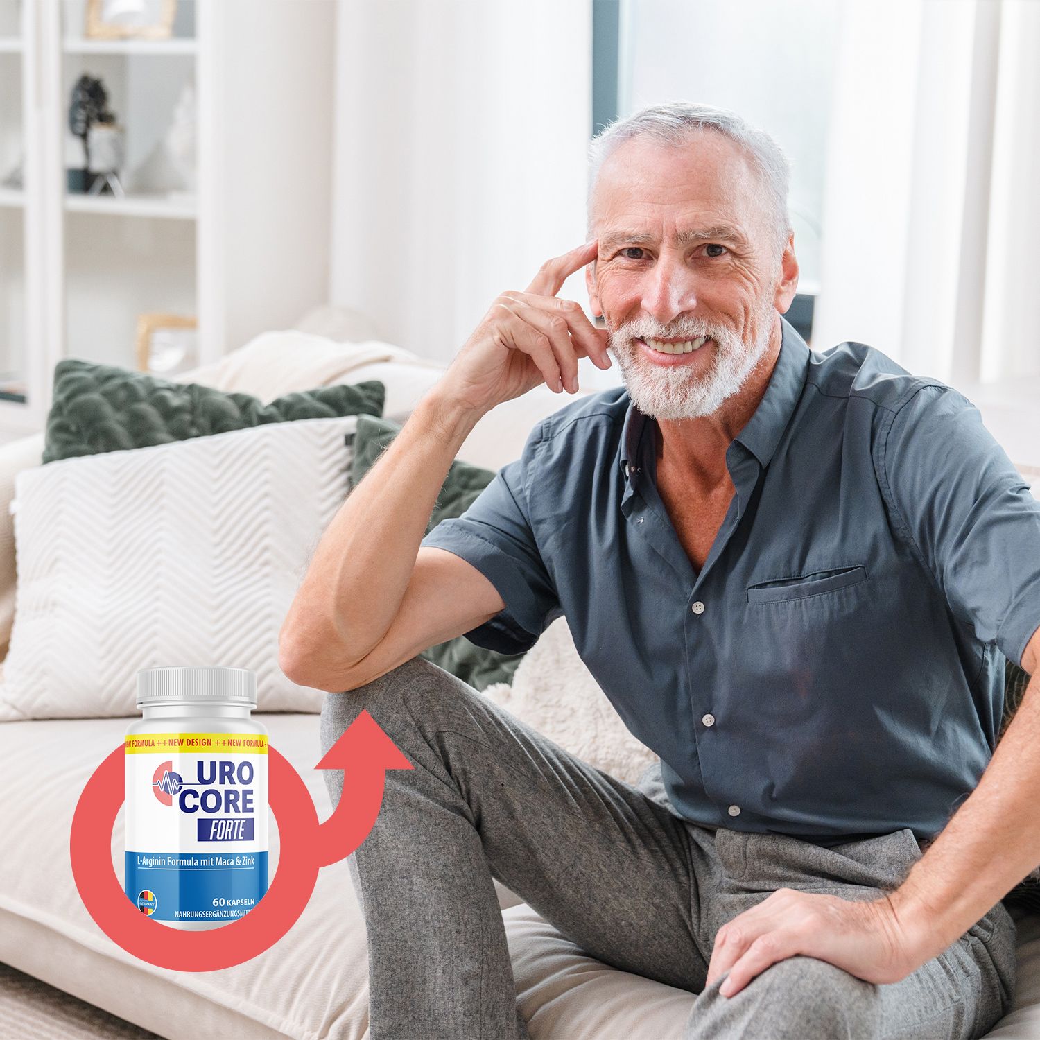 Älterer Mann sitzt auf Sofa, Dose UroCore Forte mit rotem Pfeil und Männlichkeits-Symbol. Text auf Dose: UroCore Forte, L-Arginin Formula mit Maca & Zink.