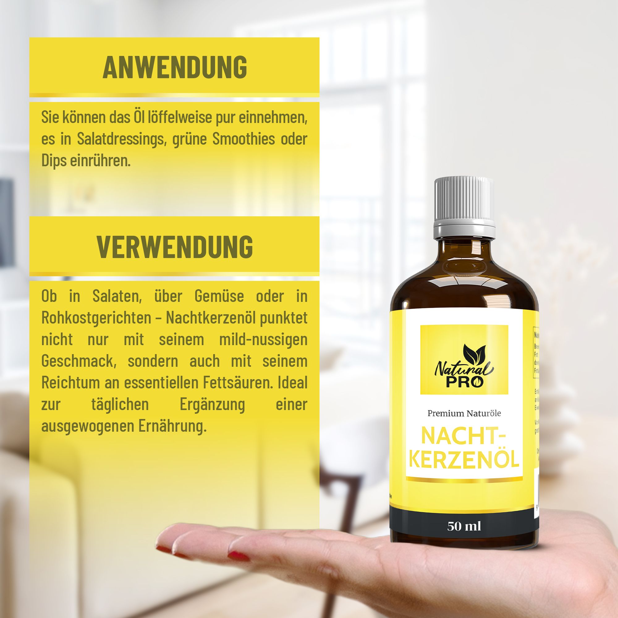 Braune Glasflasche mit gelbem Etikett. Aufschrift: Nachtkerzenöl, 50 ml. Marke: Natural PRO. Hand hält Flasche.