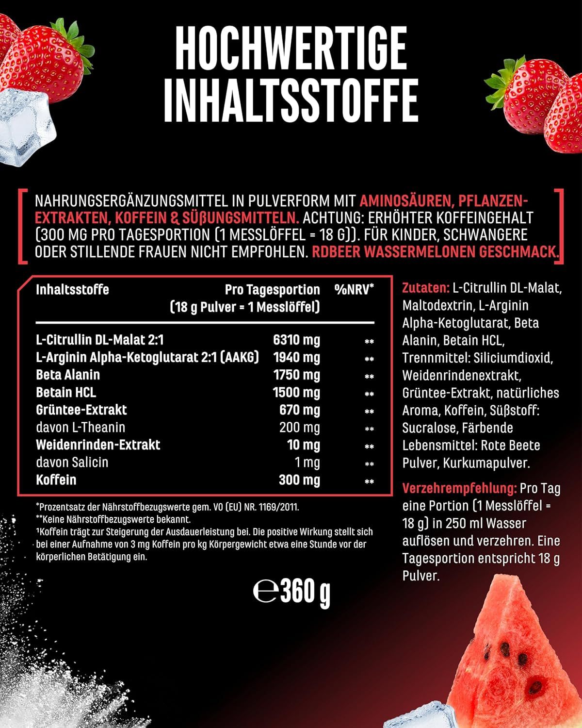 Werbebild mit Dose "LIMITBREAKER". Text: "HOCHWERTIGE INHALTSSTOFFE". Inhaltsstoffe und Nährwertangaben. Erdbeere und Wassermelone abgebildet.