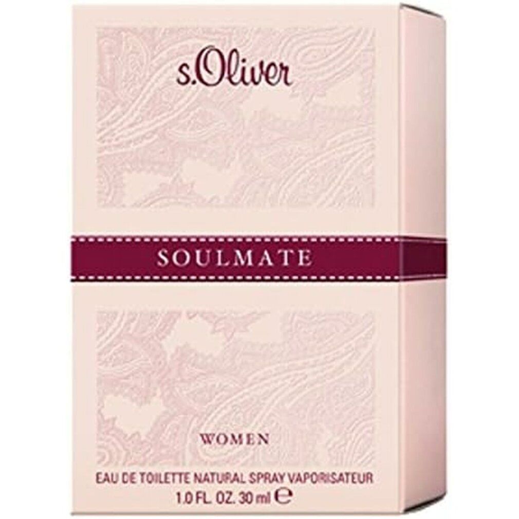 Rosa Karton mit s.Oliver Logo, SOULMATE, WOMEN. Text: Eau de Toilette, Natural Spray Vaporisateur, 1.0 FL. OZ. 30 ml e.