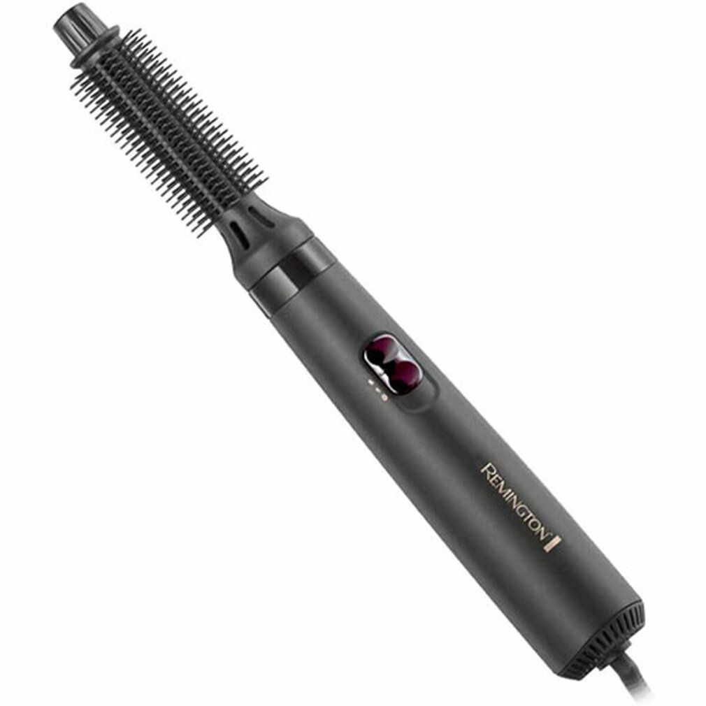 Schwarzer Haarstyler mit Bürstenaufsatz. Remington-Logo. Ein/Aus-Schalter.