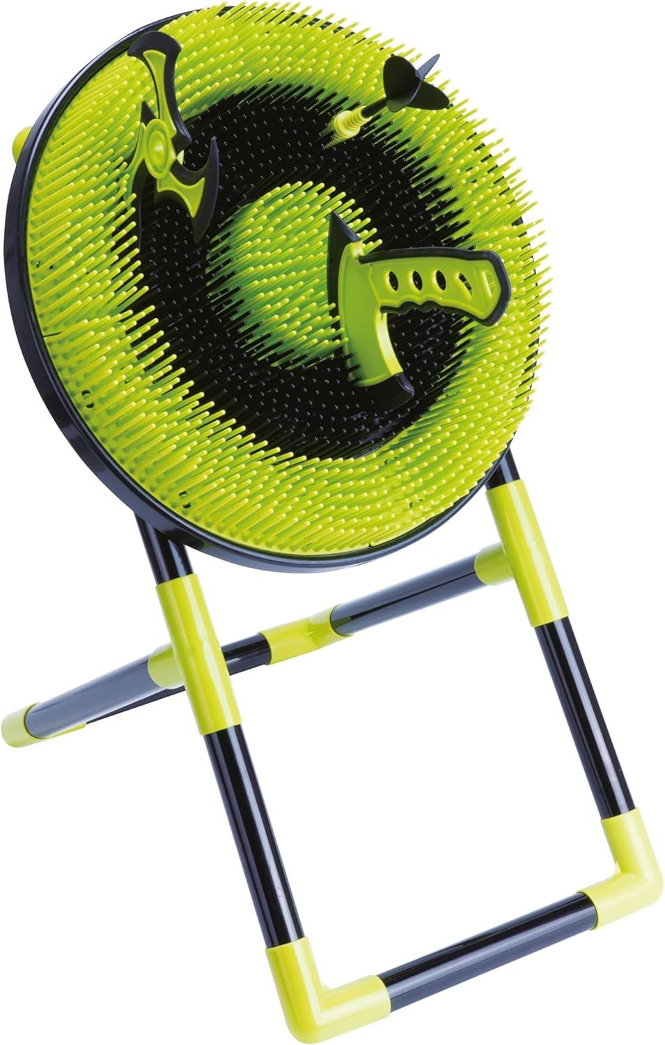 Sunflex Bogenschieß-Set. Zielscheibe mit Ständer. Gelb-schwarze Rahmen. Zielscheibe mit grünen Borsten. Pfeil und Wurfstern.