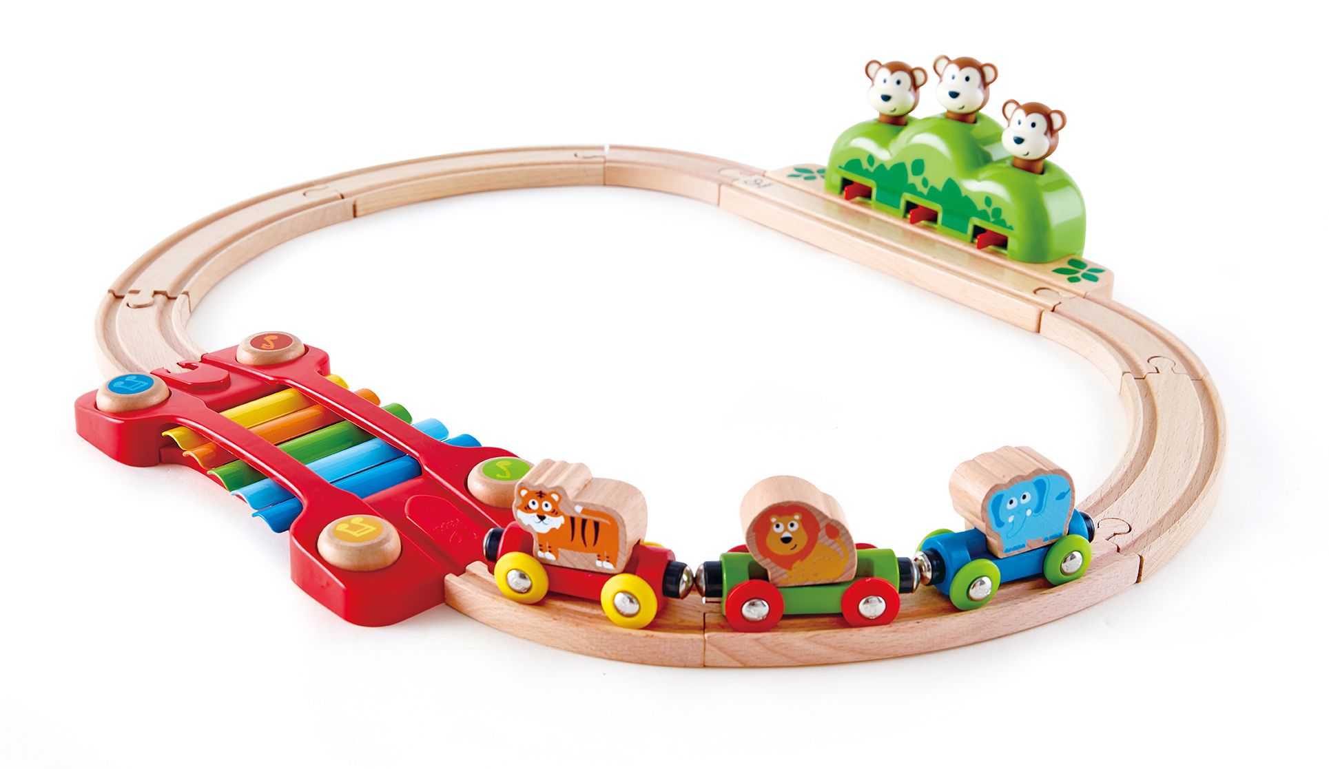 Hape Kleines Tier-Eisenbahnset. Holz-Eisenbahn mit bunten Waggons, Affen und Xylophon. Auf kreisförmigen Holzschienen.