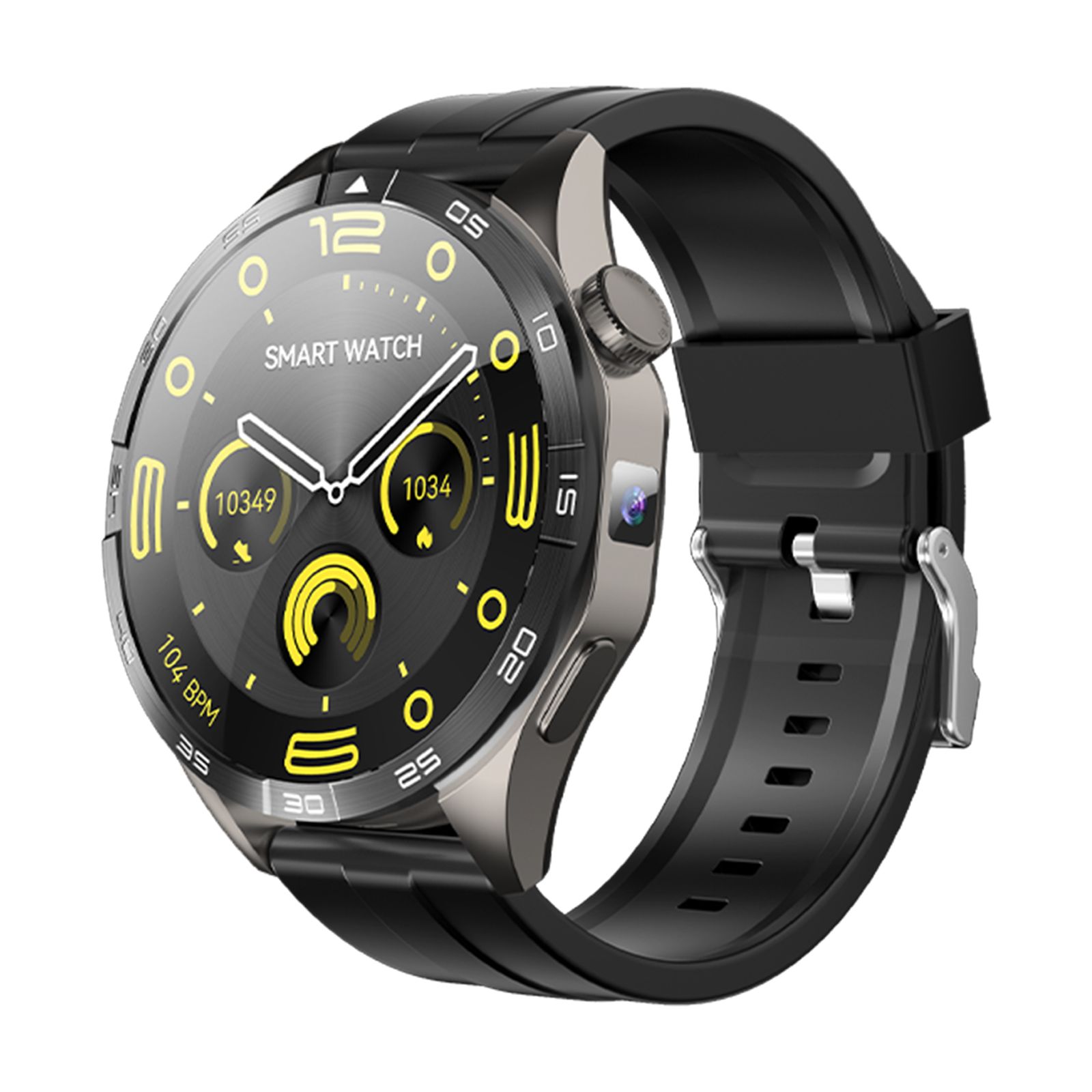 Smartwatch mit schwarzem Armband und silberfarbenem Gehäuse. Zifferblatt mit gelben Akzenten und digitaler Anzeige. Seitliche Knöpfe.