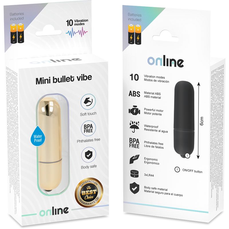 Zwei Verpackungen mit Mini-Vibrationskugeln. Aufschrift 'online', 10 Vibrationsmodi, BPA-frei, wasserdicht, Ein/Aus-Knopf.