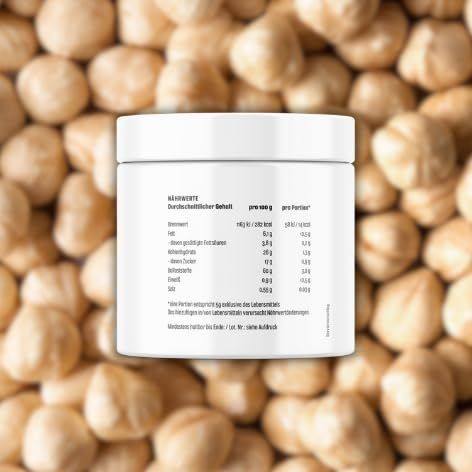 Weißes Produktglas mit Nährwertangaben. Text: Nährwerte, pro 100 g, pro Portion. Enthält: Brennwert, Fett, Zucker, Salz, Kohlenhydrate, Eiweiß.