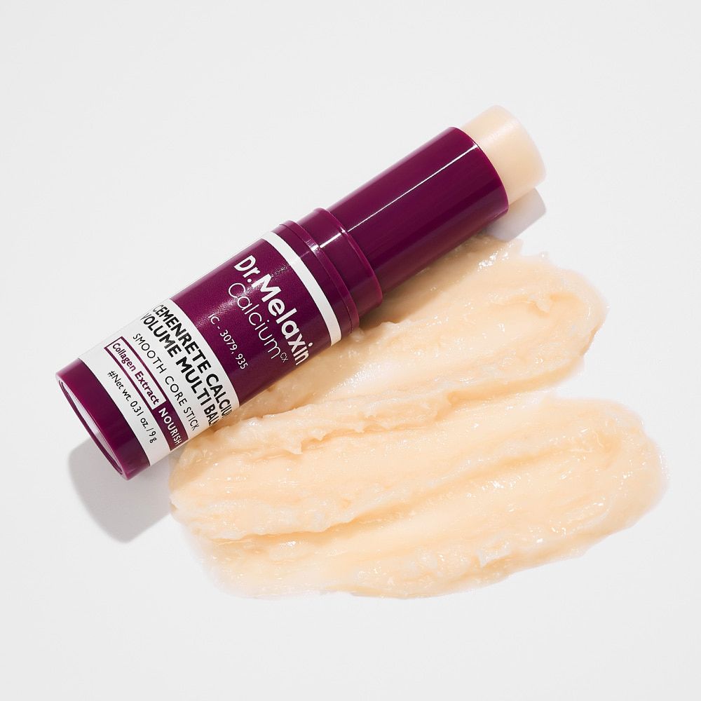 Dr.Melaxin Calcium Cemenrete Volume Multi Balm. Produkt und Produktauftrag auf weißem Hintergrund.