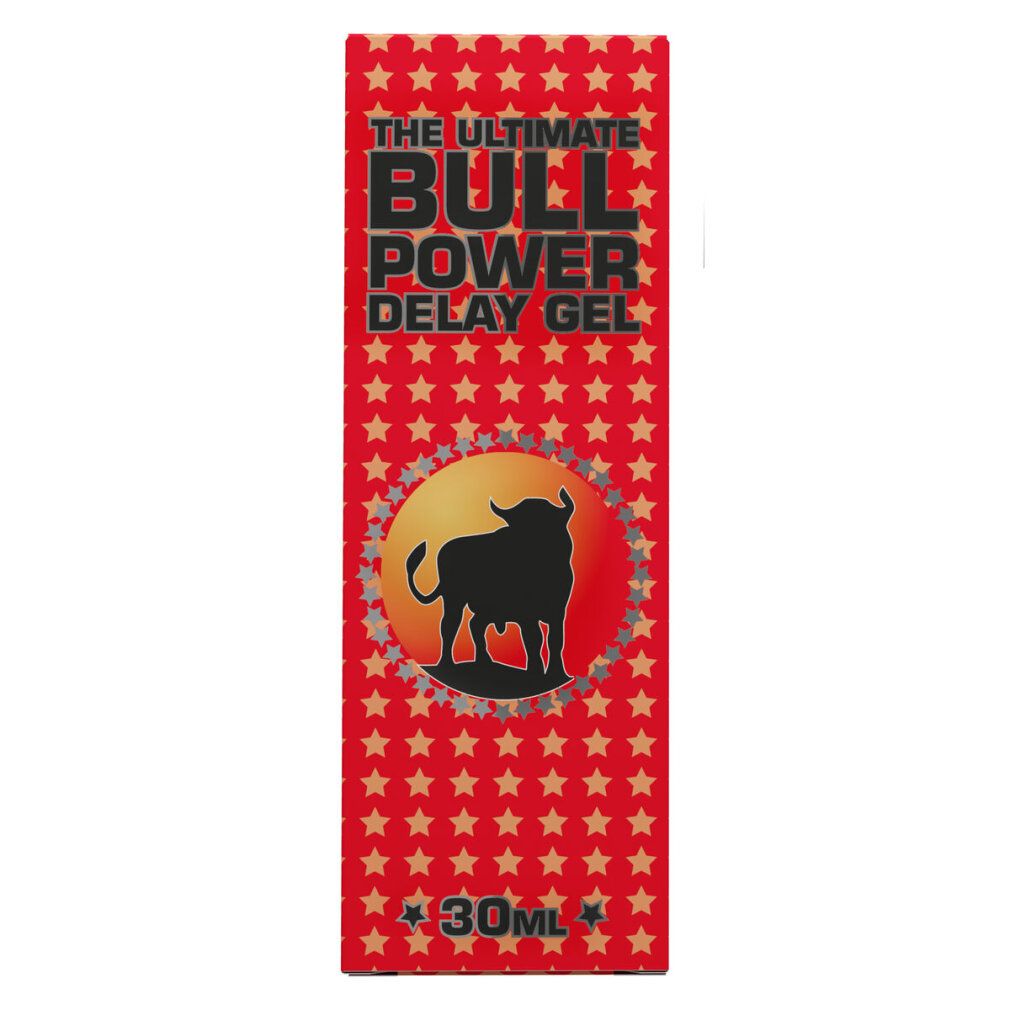 Rote Verpackung mit Produktnamen und Bullen-Logo. Text: The Ultimate Bull Power Delay Gel. 30ml.