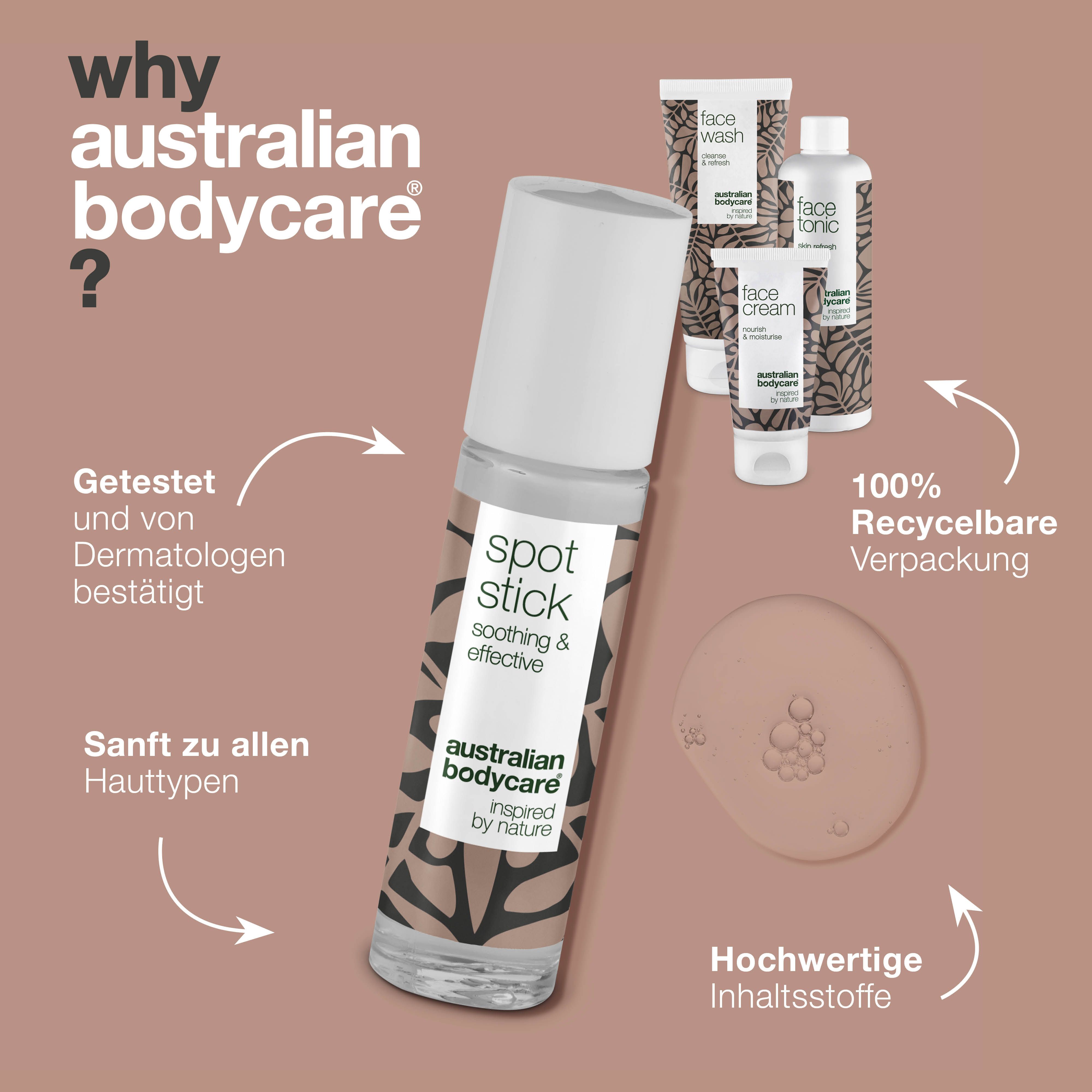 Spot Stick, Face Wash, Face Cream, Face Tonic. Text: Warum Australian Bodycare?