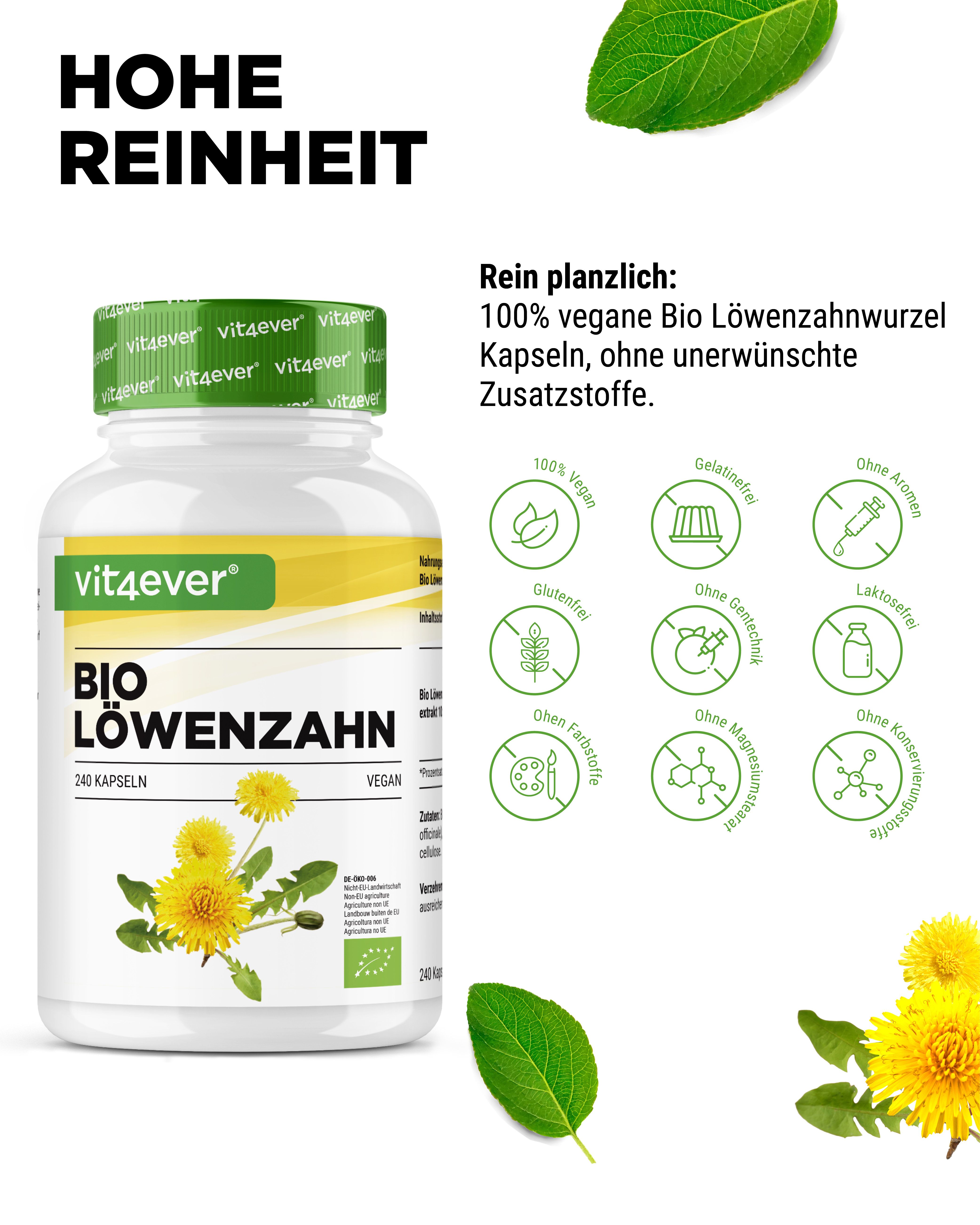 Weißes Pillenbehälter mit grünem Deckel. Aufschrift: Bio Löwenzahn. 240 Kapseln. Vegan. Logos: vegan, glutenfrei, ohne Aroma.