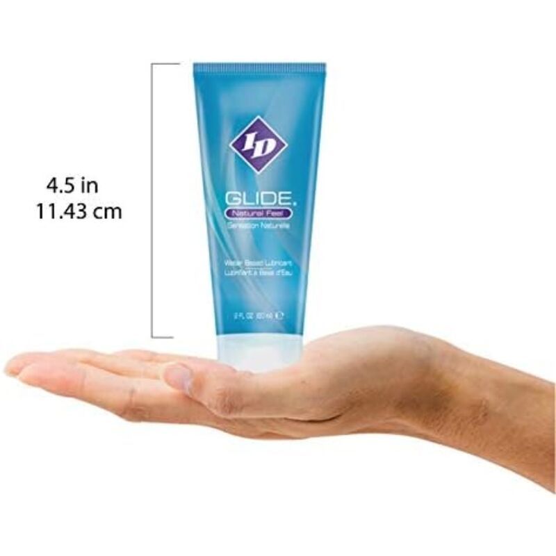 ID Gleitgel auf Wasserbasis, Natural Feel, 60ml Tube, gehalten in einer Hand. Länge 11.43 cm.