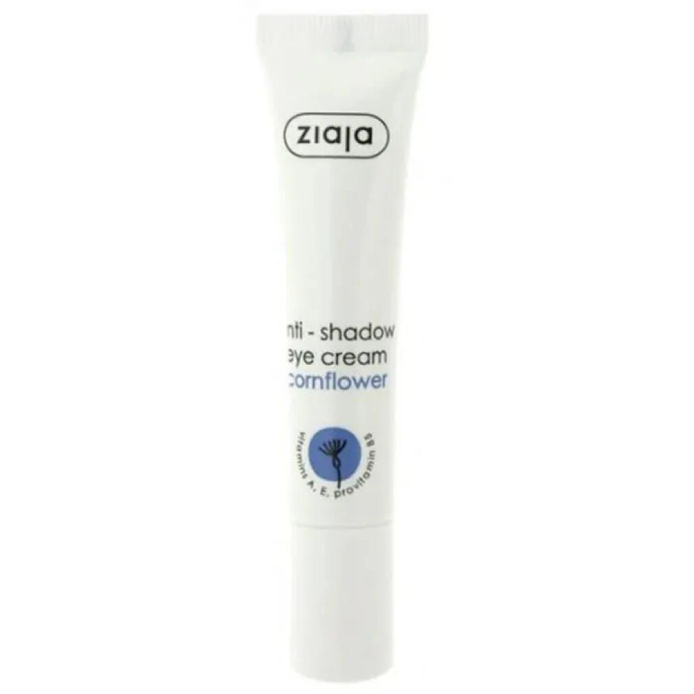 Ziaja Augencreme mit Kornblume gegen Augenringe. Weiße Tube mit schwarzem Logo und Text.
