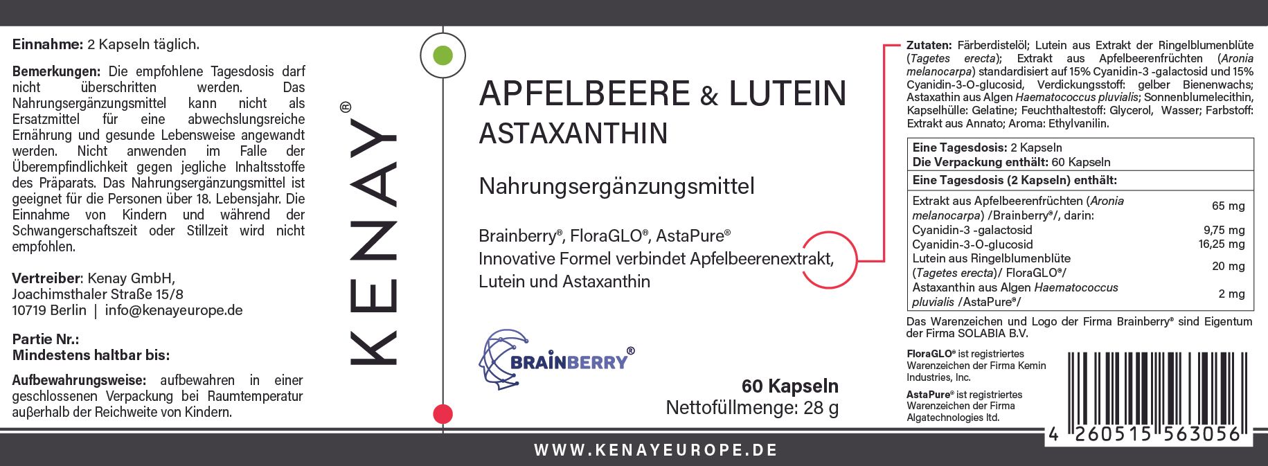 Apfelbeere & Lutein Astaxantin | Nahrungsergänzungsmittel | KENAY®