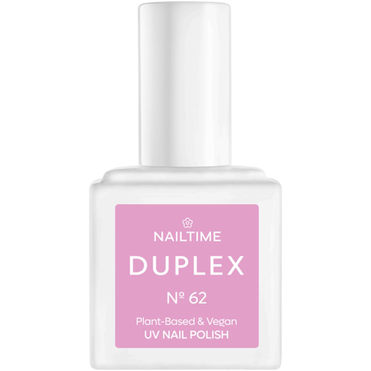 UV-Nagellack-Flasche. Rosa Etikett mit "Nailtime", "Duplex", "Nr. 62", "Plant-Based & Vegan", "UV NAIL POLISH". Weißer Deckel.