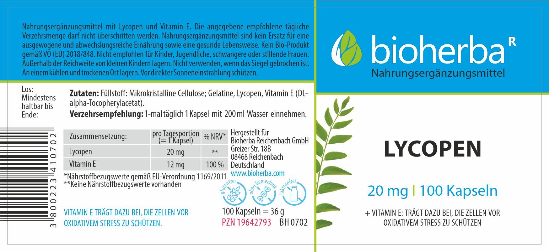 Bioherba Lycopen Kapseln-Etikett. Enthält Lycopen und Vitamin E. Angaben zu Inhaltsstoffen, Verzehrempfehlung und Hersteller.