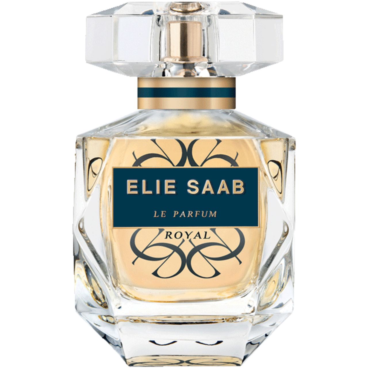 Parfümflakon mit goldener Flüssigkeit, quadratisch mit facettierten Kanten. Aufschrift: Elie Saab, Le Parfum Royal.