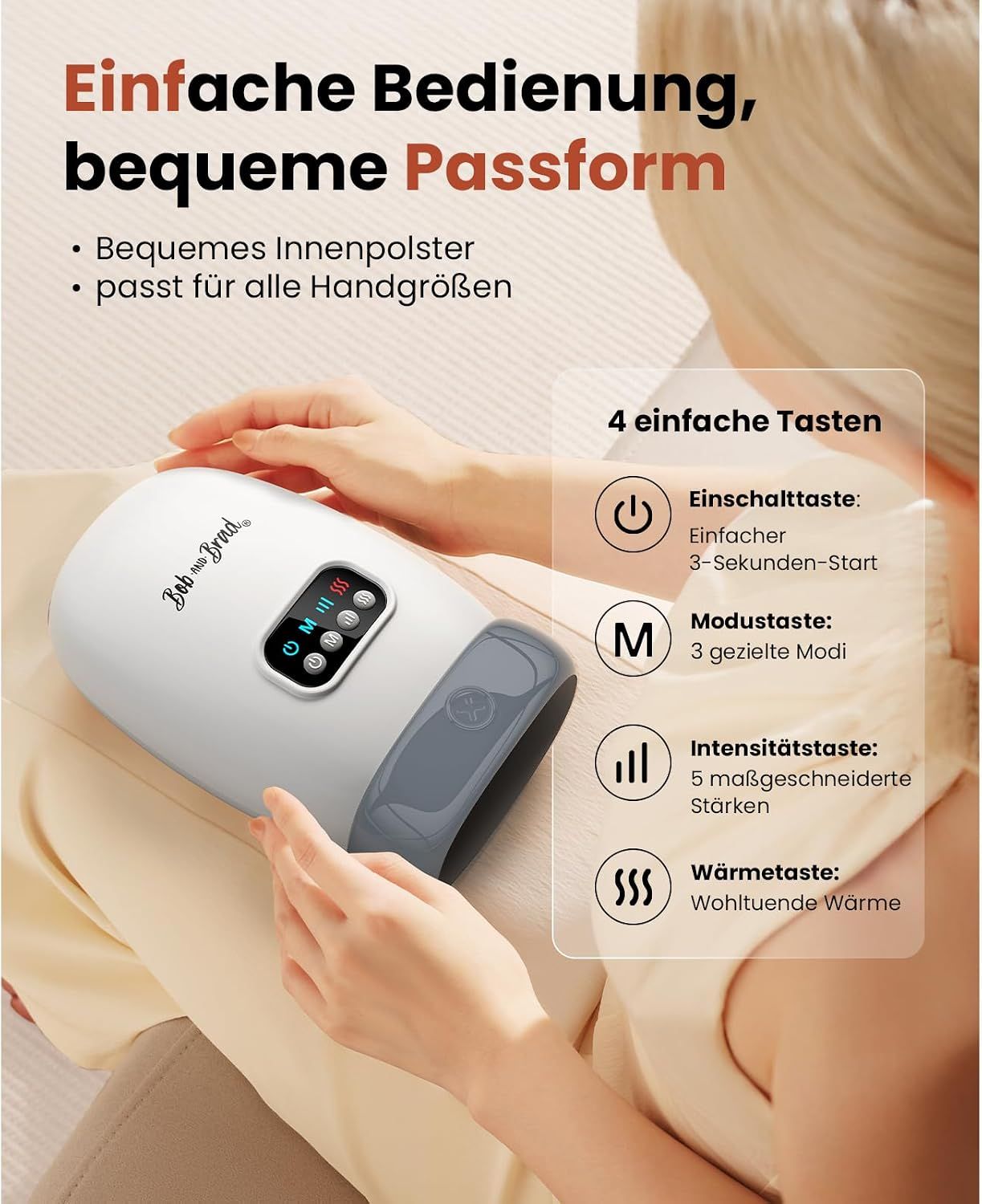 Handmassagegerät in Weiß mit grauen Elementen, wird von einer Person gehalten. Zeigt 4 Tasten: Power, Modus, Intensität, Wärme.