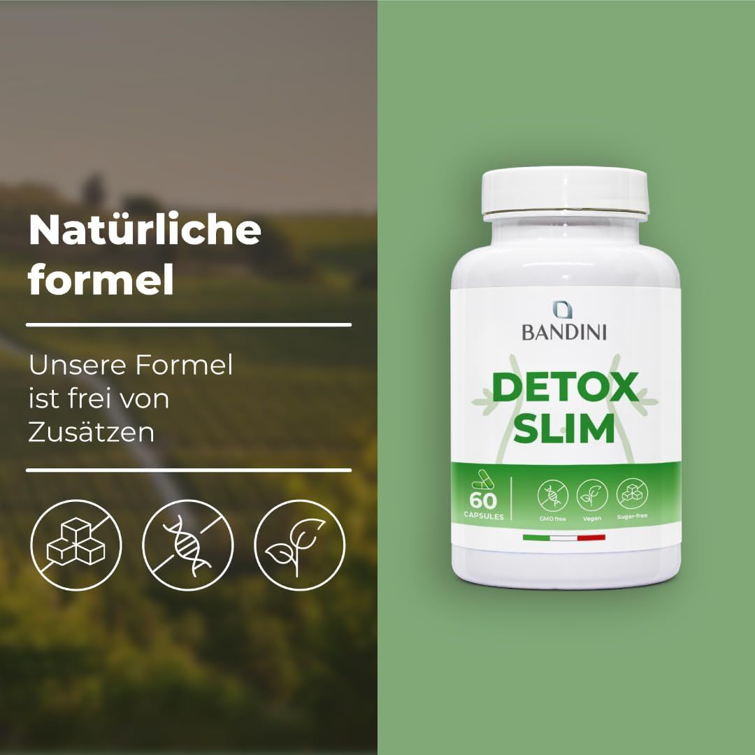 Weiße Flasche mit grüner Aufschrift DETOX SLIM. 60 Kapseln. Text: Natürliche Formel. Unsere Formel ist frei von Zusätzen. Symbole: Zuckerfrei, Vegan.