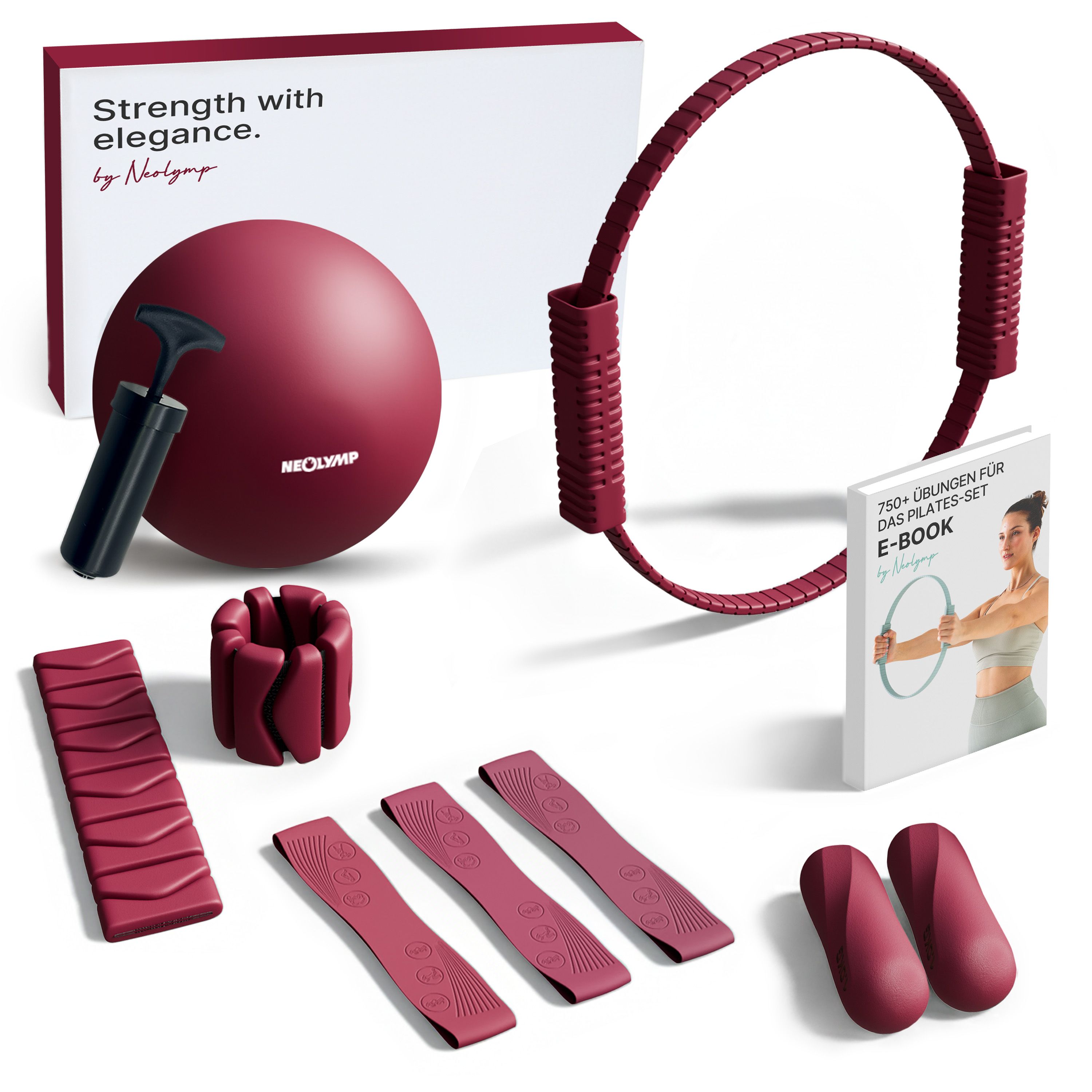 NEOLYMP Pilates Set: Ball, Ring, Gewichte, Fitnessbänder, Handpumpe und E-Book.