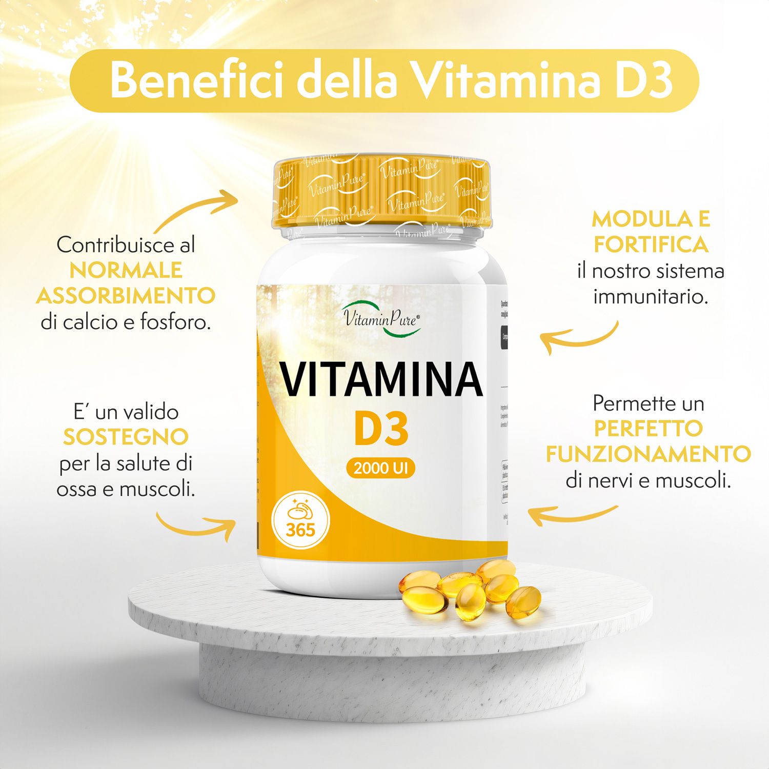 Una bottiglia bianca di VitaminPure® Vitamina D3 2000 UI con 365 capsule softgel. Sulla bottiglia c'è scritto "VITAMINA D3 2000 UI". Alcune capsule softgel gialle sono su una superficie bianca. La bottiglia è su un piedistallo bianco. Le frecce indicano i benefici della vitamina D3.