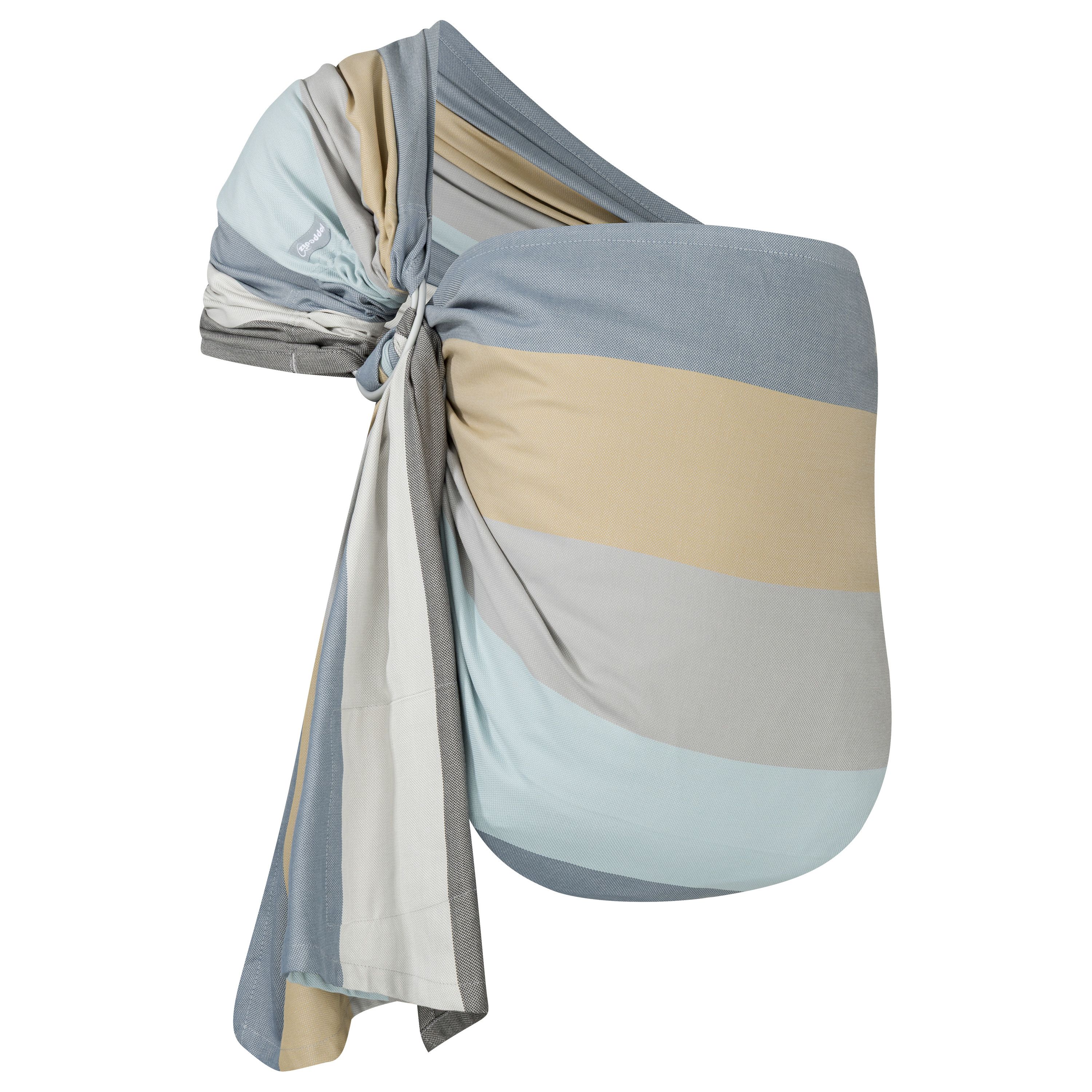 Ring-Sling mit farbigen Streifen. Mehrfarbiges Tragetuch mit Knoten und Stoffbahnen.