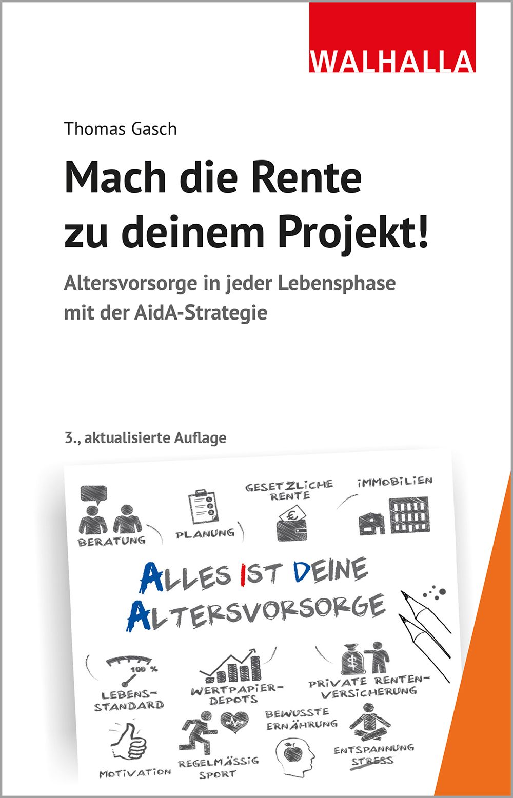 Buchcover: "Mach die Rente zu deinem Projekt!" von Thomas Gasch. Titel in Schwarz, Verlag WALHALLA. Illustrationen zu Altersvorsorge.