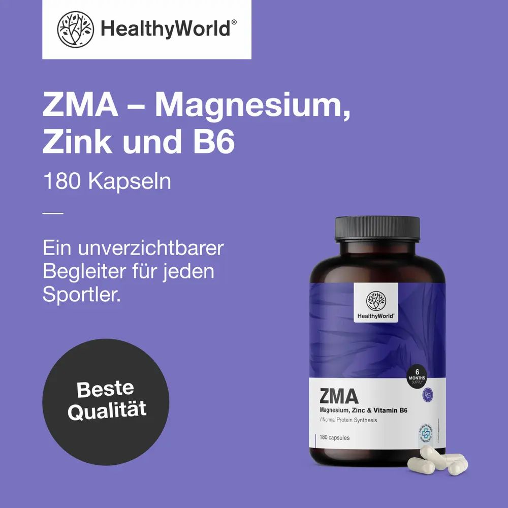 ZMA-Flasche mit Text: HealthyWorld, ZMA, Magnesium, Zink & Vitamin B6, 180 Kapseln. Beste Qualität. Begleiter für jeden Sportler.