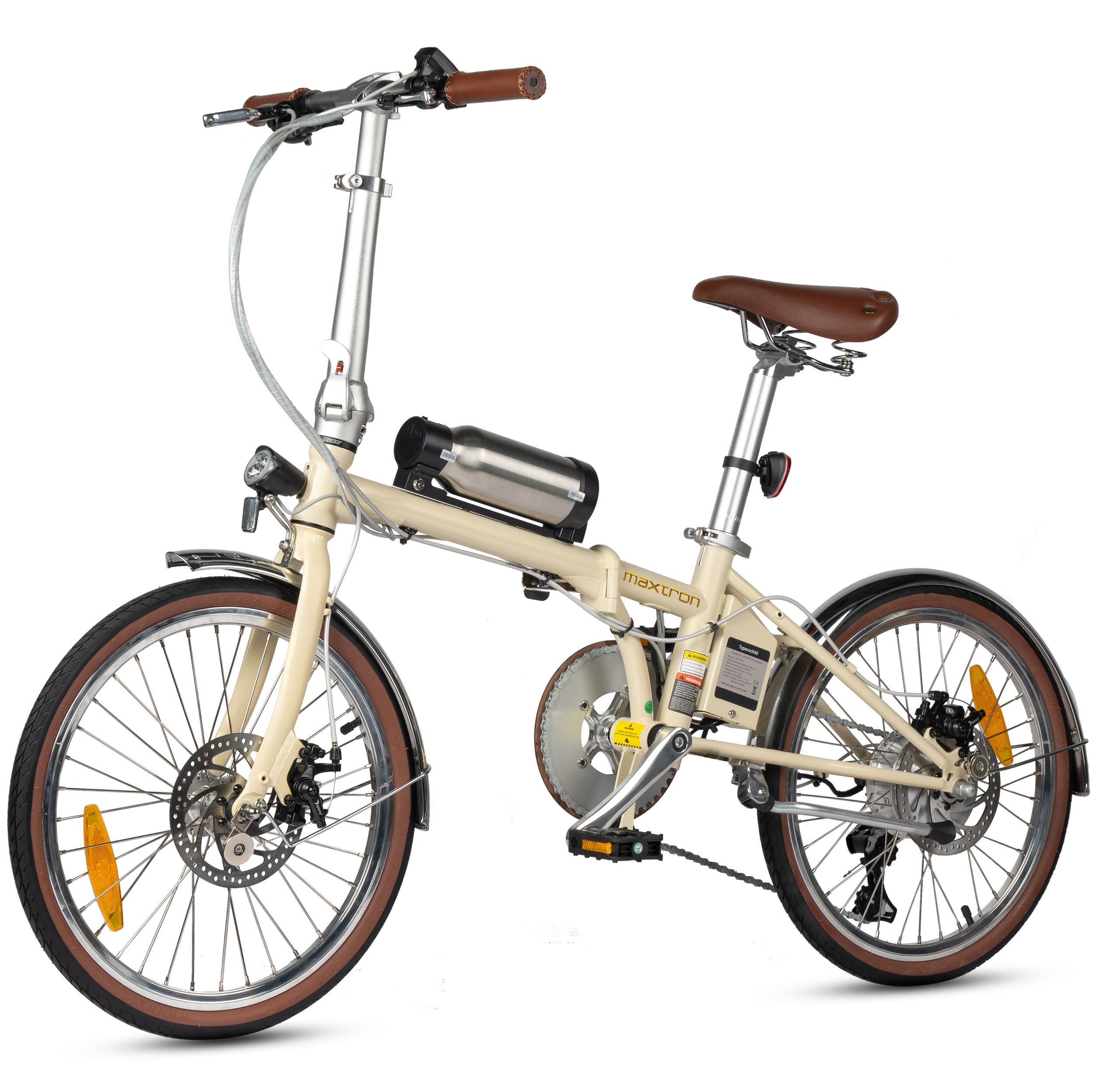 Beige E-Bike mit braunen Reifen und Sattel. Sichtbar: Motor, Akku, Schutzbleche, Bremsen. Aufschrift: Maxtron.