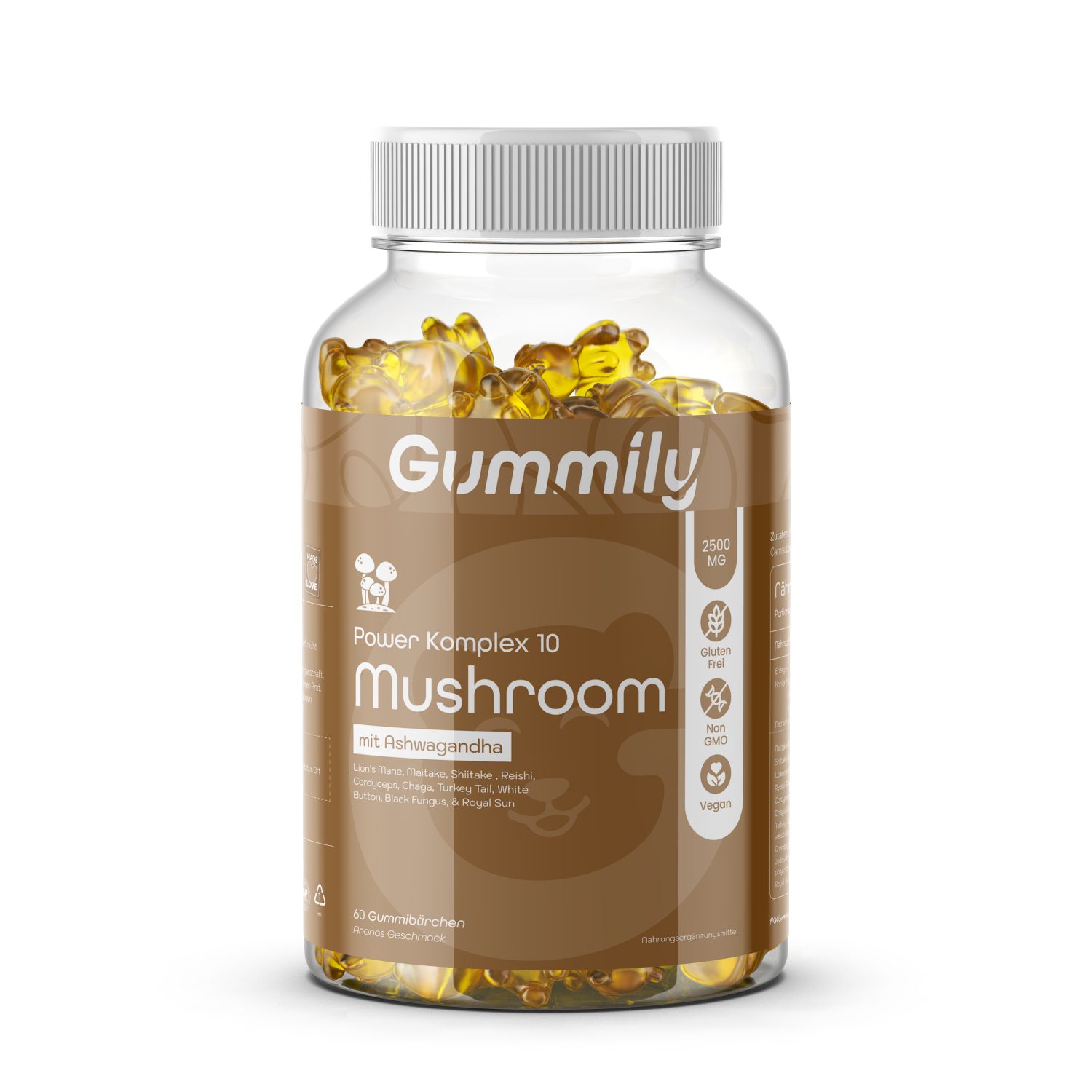 Klare Glasflasche mit Gummily Power Komplex 10 Mushroom Gummibärchen. Braunes Etikett mit Produktinformationen. Deckel weiß.