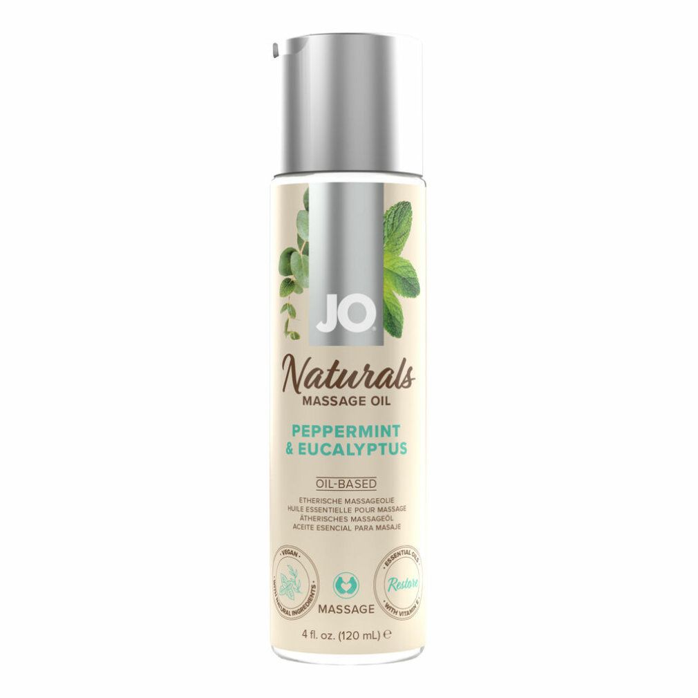 Flasche mit Massageöl. Aufschrift: JO Naturals, Pfefferminze & Eukalyptus. Mit Pflanzenabbildungen und Massage-Logo.