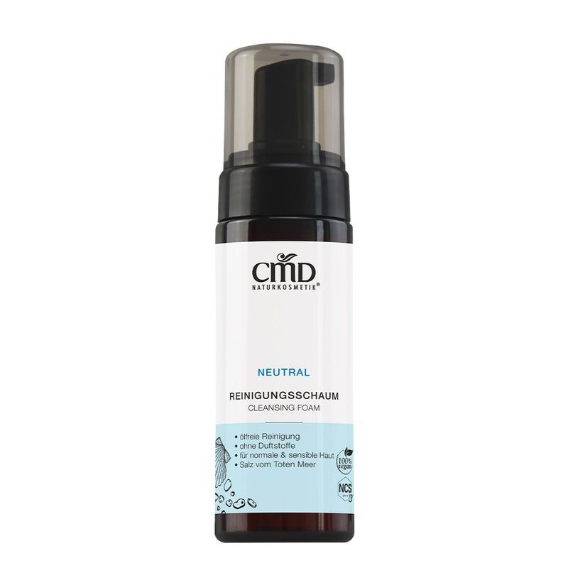Reinigungsschaum-Flasche mit Pumpverschluss. Aufschrift: CMD Naturkosmetik, Neutral, Reinigungsschaum, ohne Duftstoffe, für normale Haut.