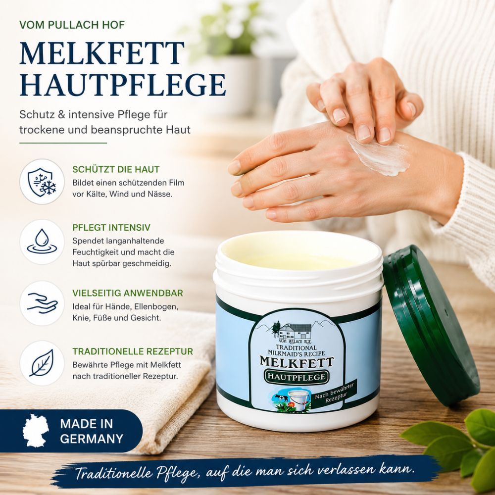 HERBAMEDICUS MELKFETT Hautpflege Tiegel neben Händen, die Creme auftragen. 'Made in Germany'.