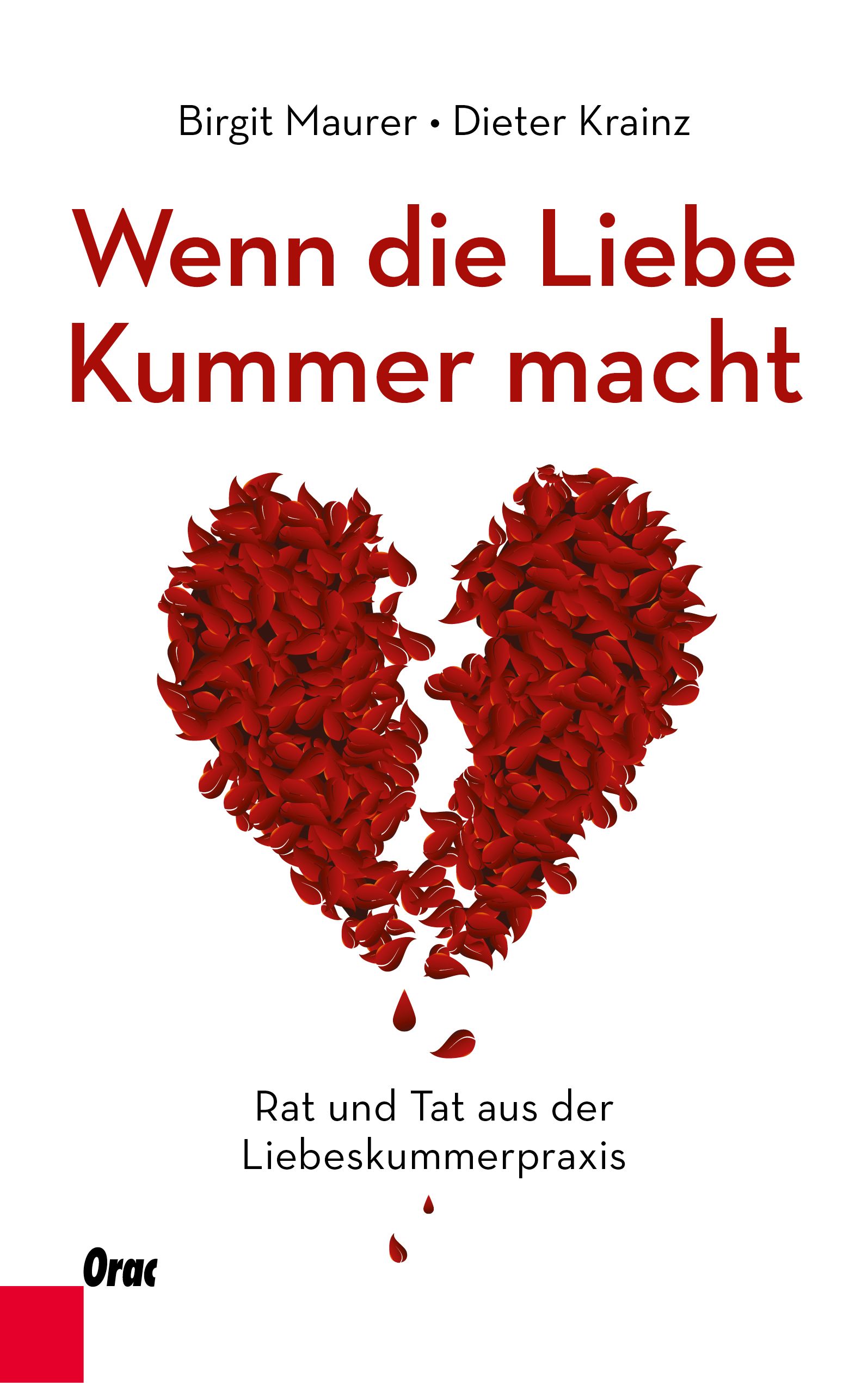 Buchcover mit Titel "Wenn die Liebe Kummer macht". Ein rotes Herz, zerbrochen in zwei Hälften, aus Blütenblättern.