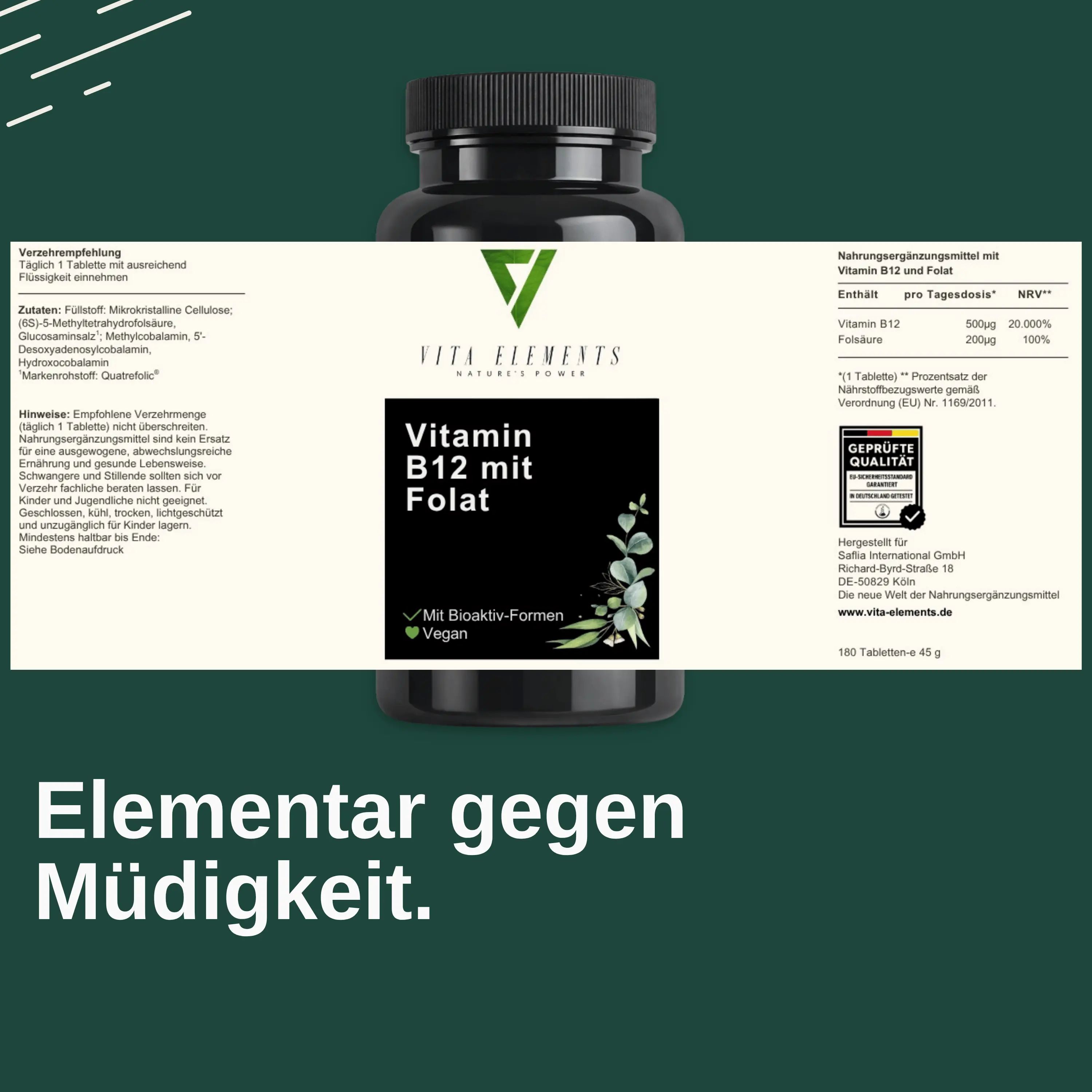 Etikett auf einem Behälter Vita Elements Vitamin B12 mit Folat, mit Siegel 'Geprüfte Qualität'.