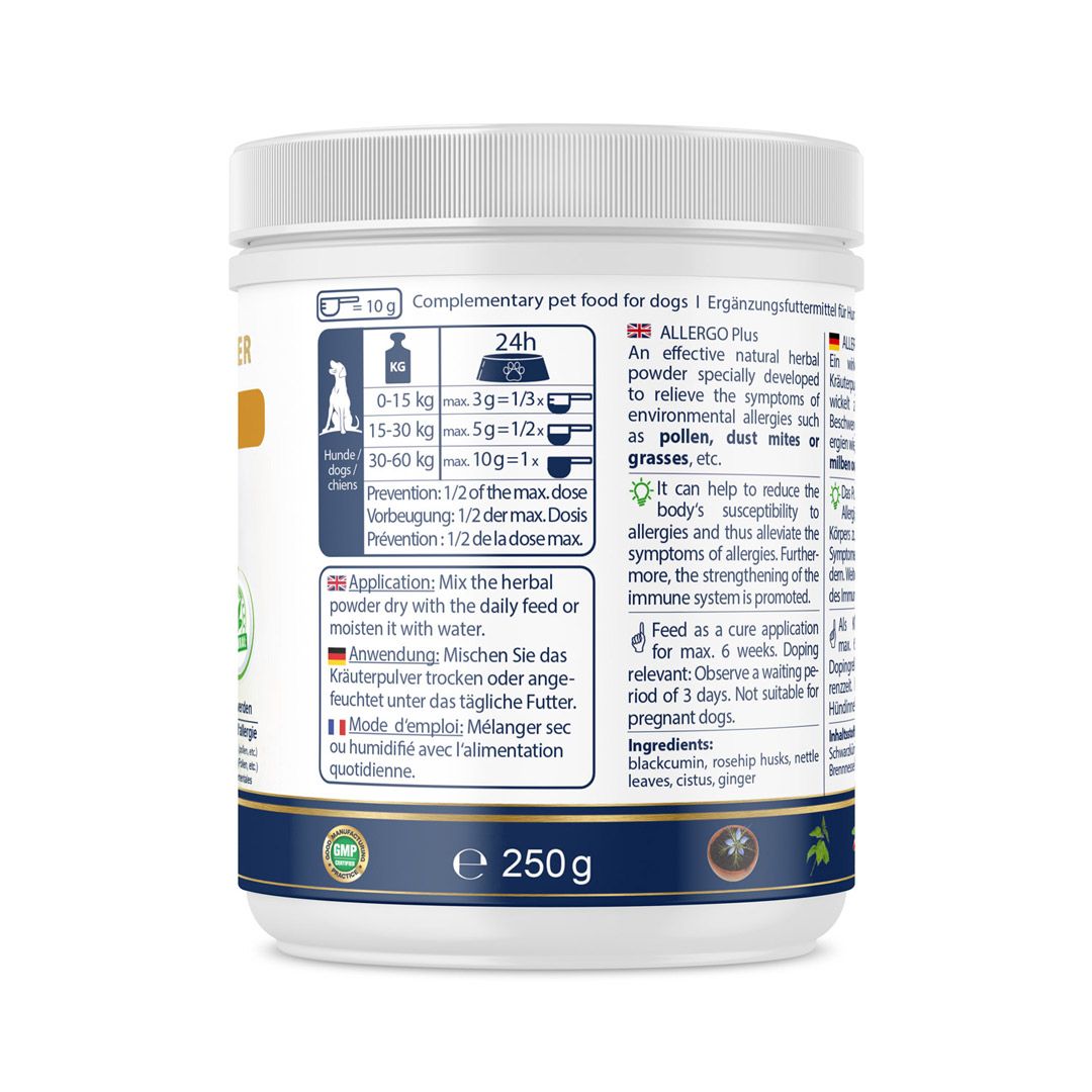 Rückseite der Dose mit Text und Dosierungsanleitung. Inhaltsstoffe: Schwarzkümmel, Hagebutte, Ingwer, etc. 250g.