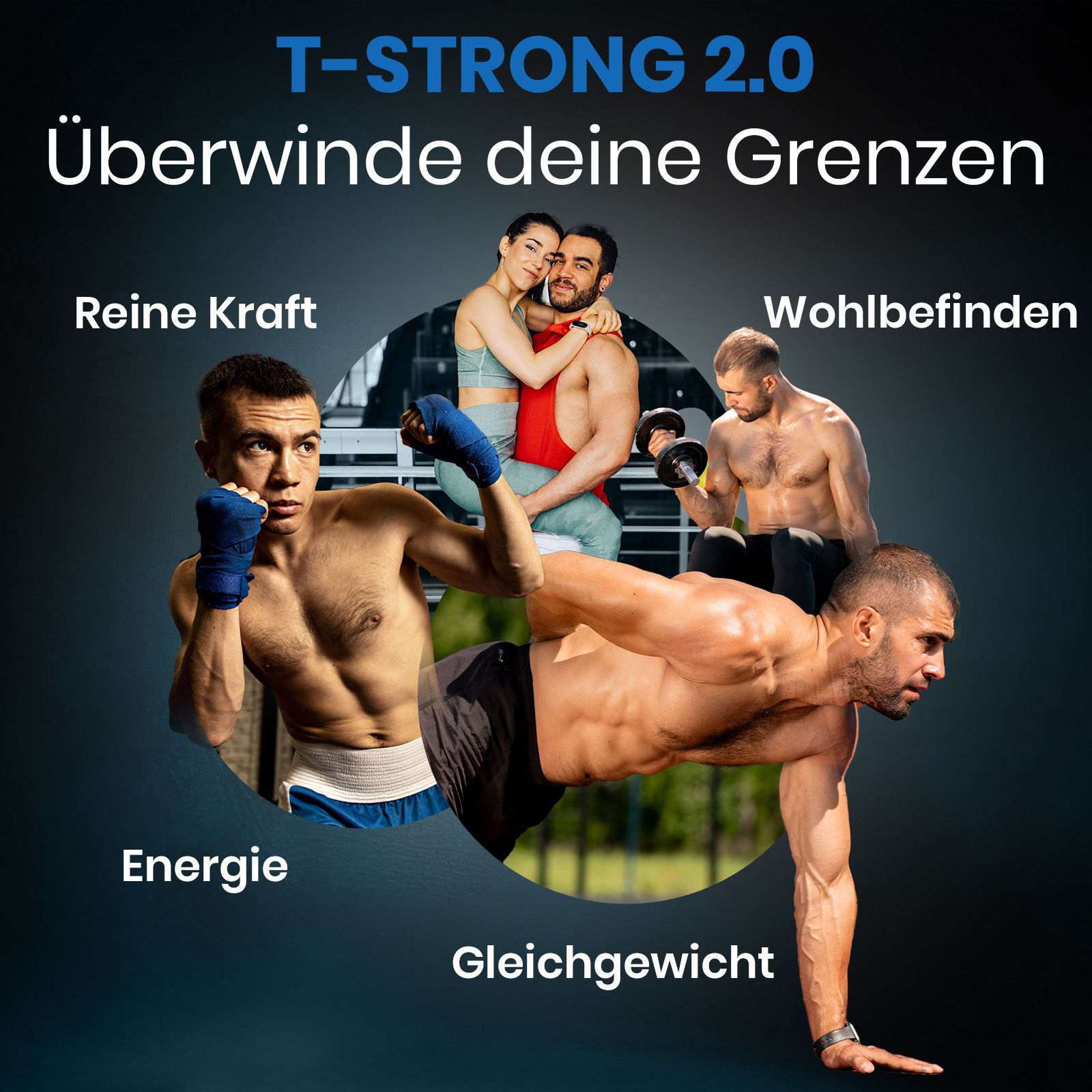 Grafik mit Text. Vorteile von Energie, Gleichgewicht, Wohlbefinden und Kraft. Blaue Farbgebung.