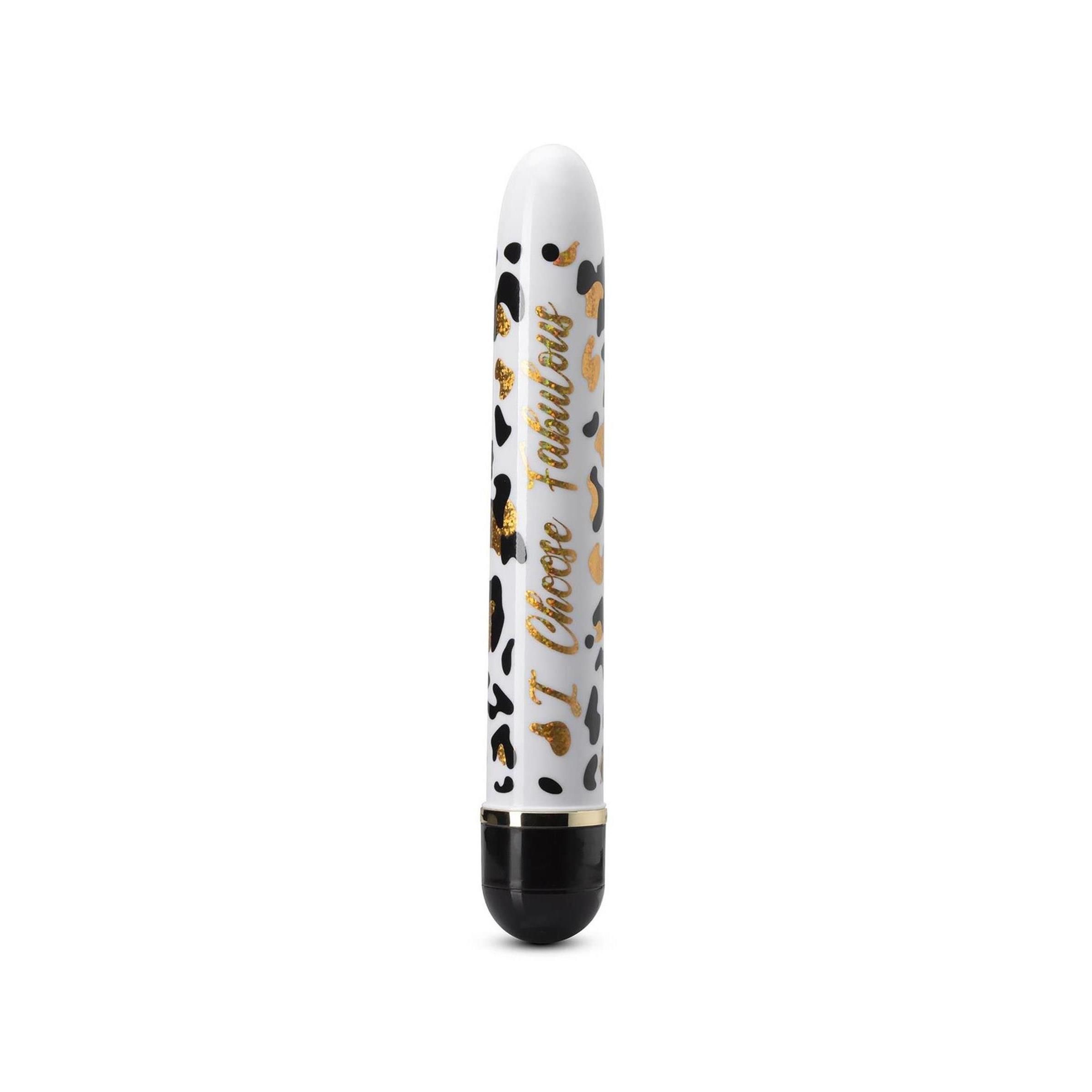 Weißer Vibrator mit Leopardenmuster und schwarzem Ende. Goldene Aufschrift: I Choose Fabulous. Zylindrisch.