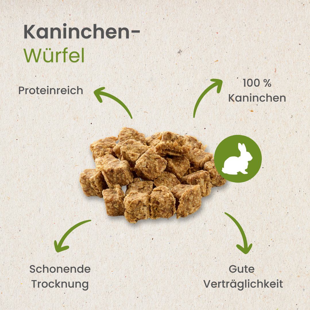 Dalmatiner-Hund nimmt einen Kaninchen-Würfel aus einer Hand, daneben liegen Würfel auf Holz.