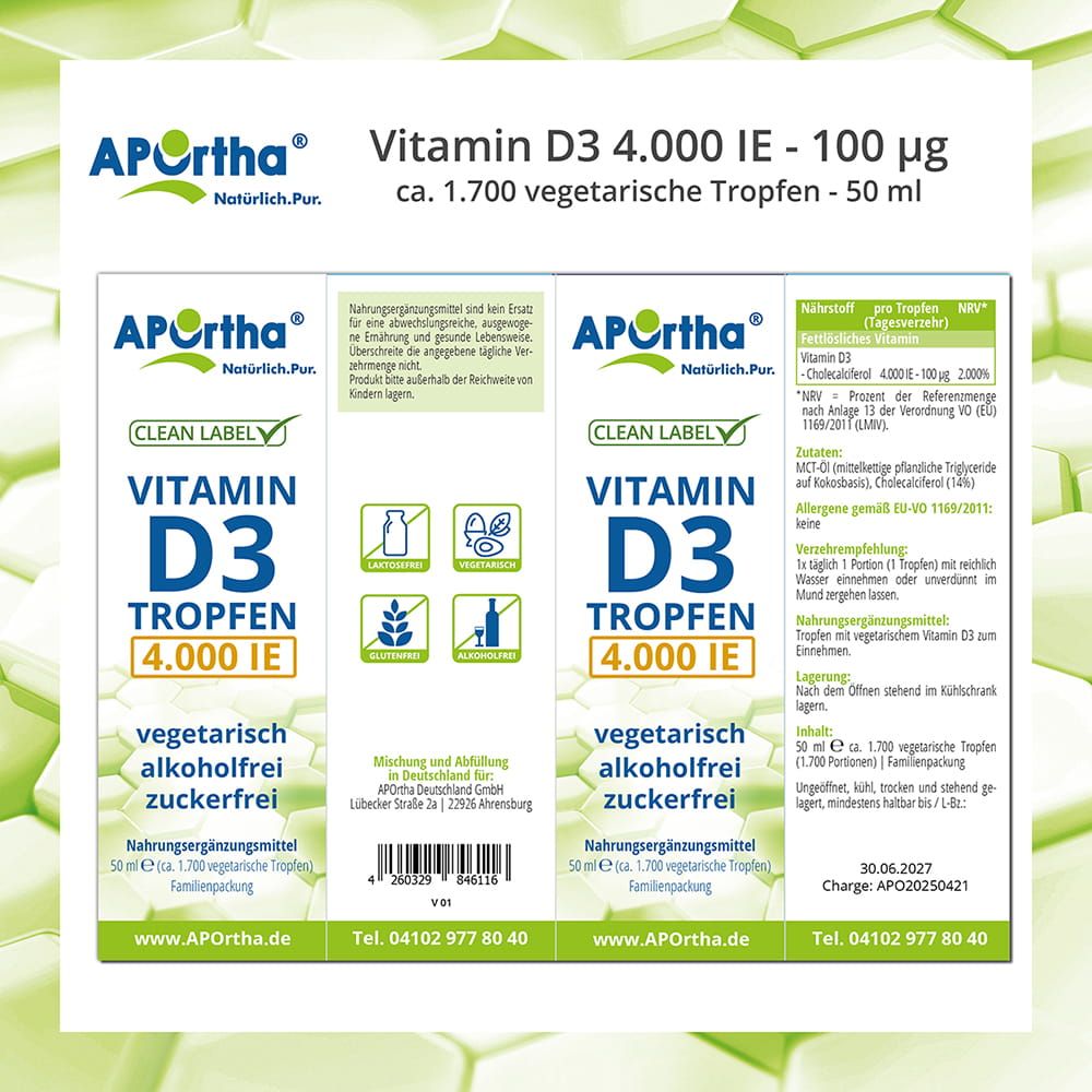 Produktetikett mit Informationen: Vitamin D3 Tropfen 4.000 IE, vegetarisch, alkoholfrei, zuckerfrei. Inhaltsstoffe, Chargennummer.