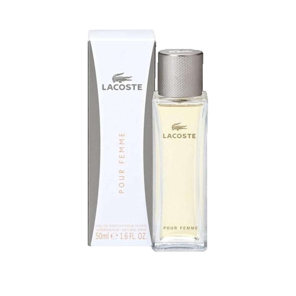 Parfümflakon und Verpackung. Aufschrift "Lacoste Pour Femme". Flakon mit silbernem Verschluss.