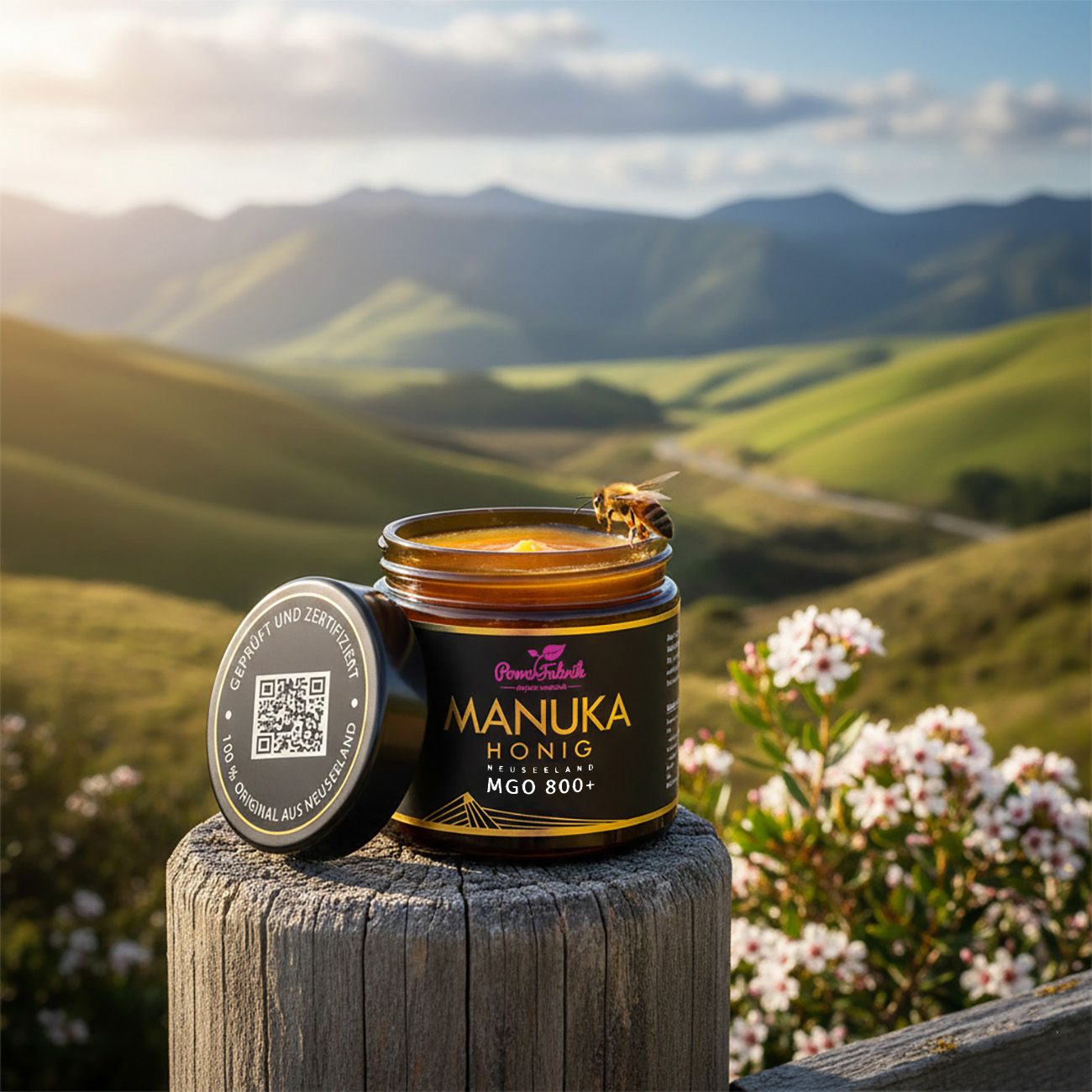 PowerFabrik Manuka Honig MGO 800+ auf Holzzaun mit Biene und Berglandschaft im Hintergrund.