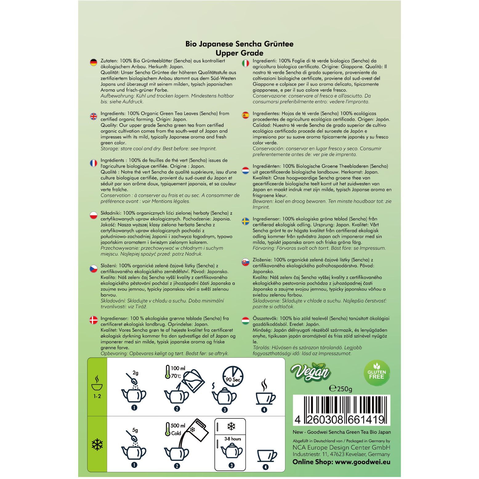 Rückseite der Goodwei Bio Japanese Sencha Grüntee Verpackung. Enthält Informationen in mehreren Sprachen und Zubereitungshinweise.