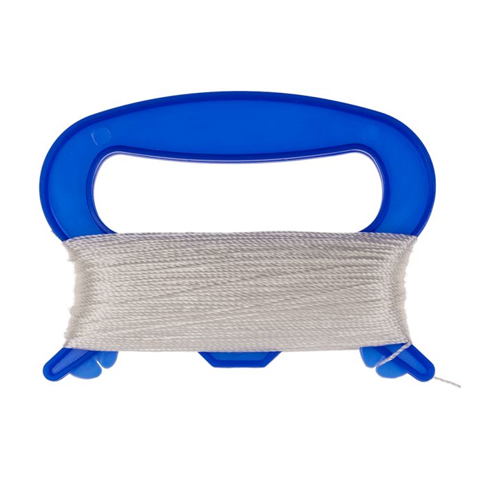 Blaue Schnurrolle mit weißer Schnur. Die Rolle hat einen blauen Griff und eine rechteckige Form.