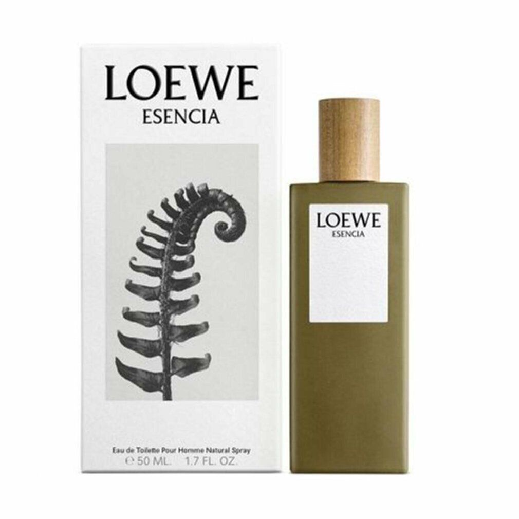 Verpackung und Flasche. Auf der Verpackung steht LOEWE ESENCIA. Flasche grün mit Holzverschluss.